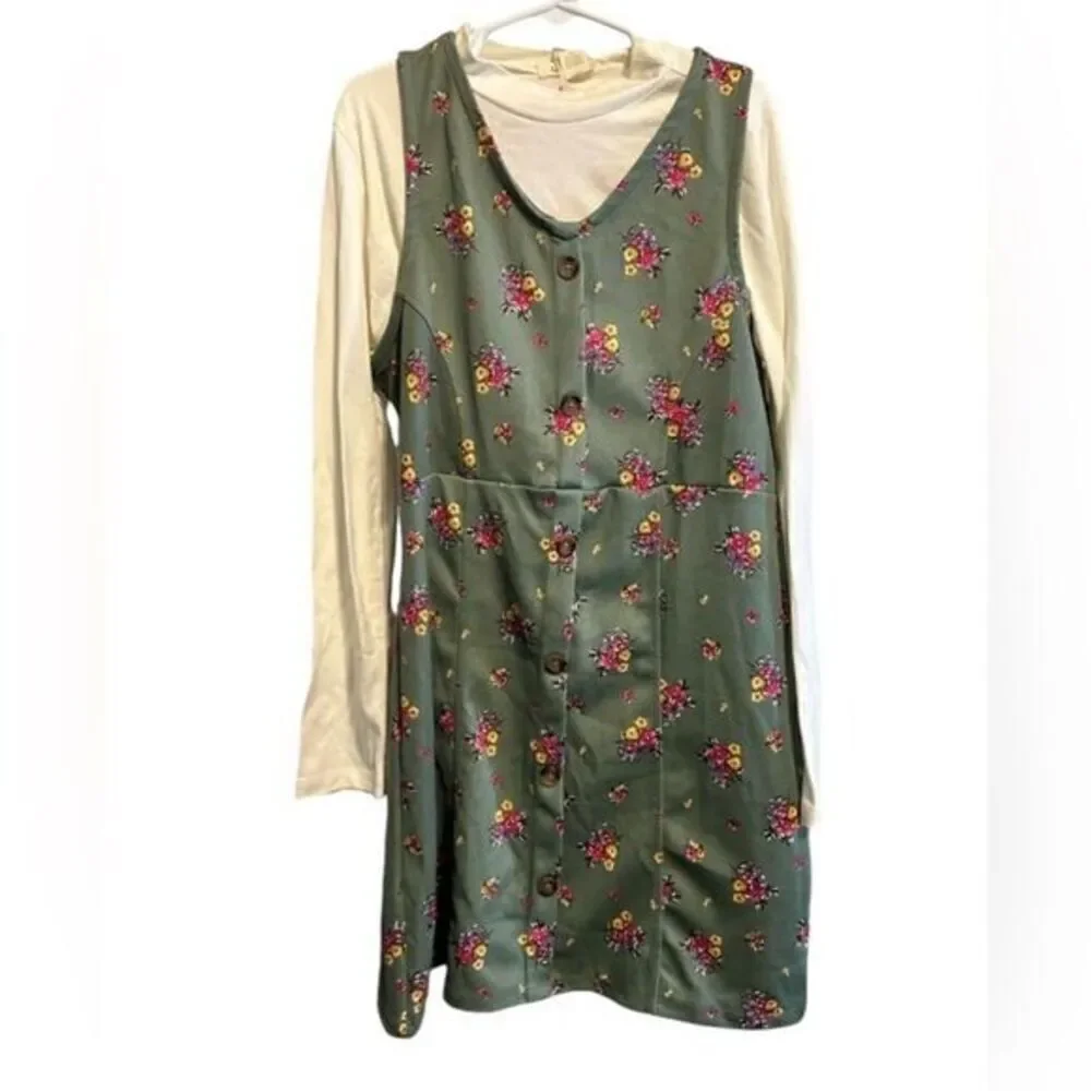 NWT Girls Green Floral Overall Dress Off White Long Sleeve Shirt - Size 12